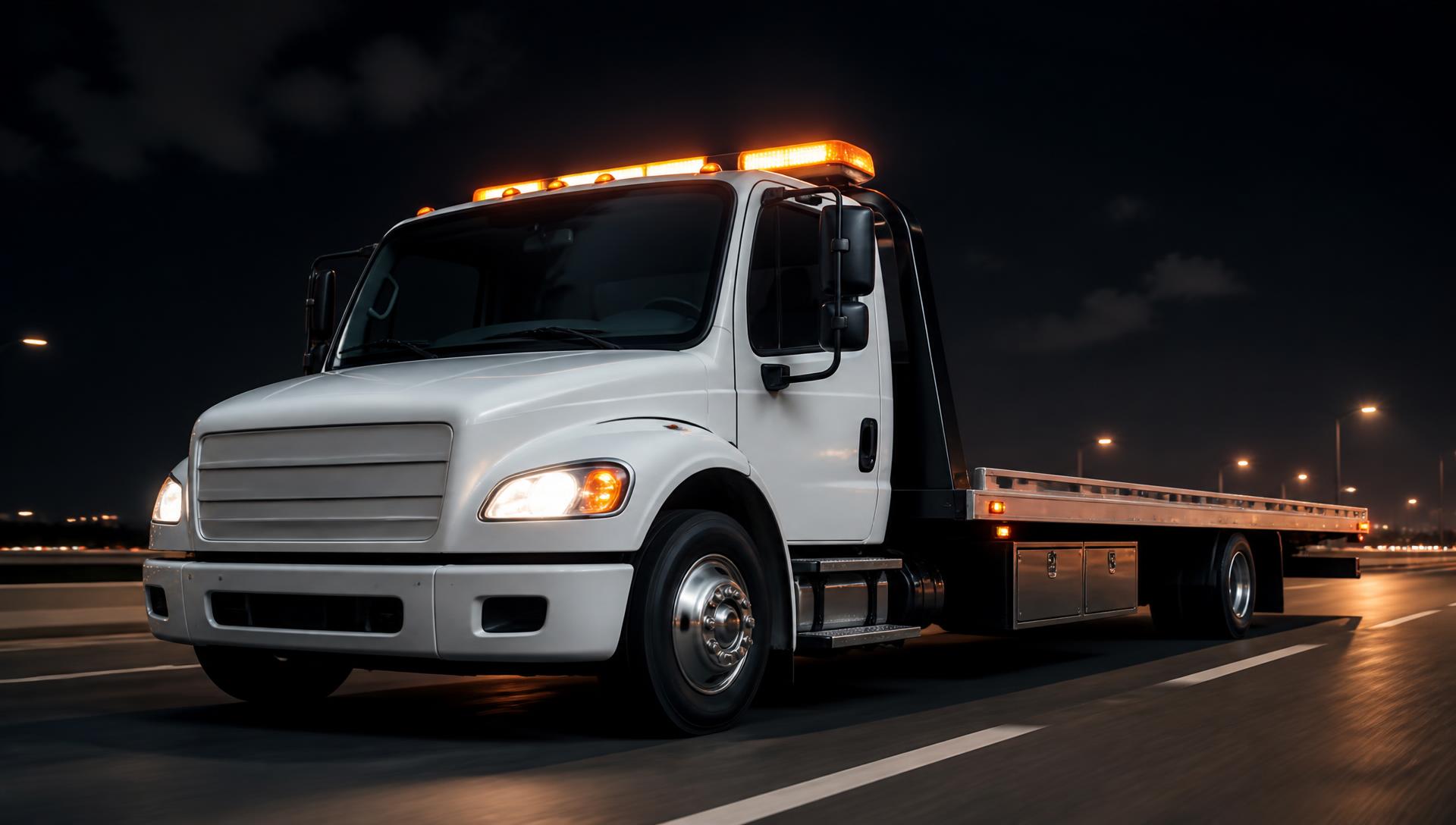 White rollback flatbed tow truck with amber emergency lights on a highway at night