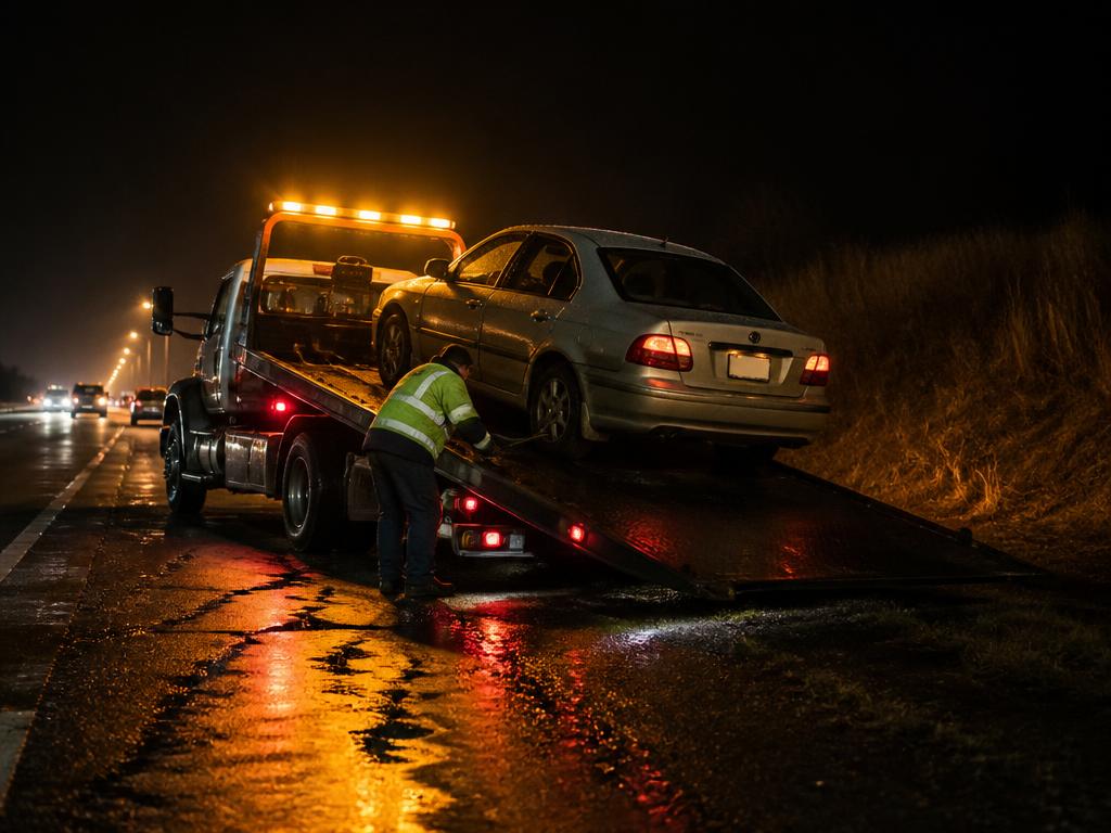 Tow operator winching a disabled sedan onto a flatbed at night on a highway shoulder